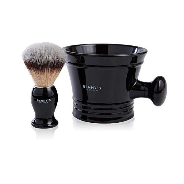 SHAVING BRUSH & BOWL GIFT SET - From Bennys of London - Our Shaving Brush with the Black Mug for Lathering Shave Soap and Cr
