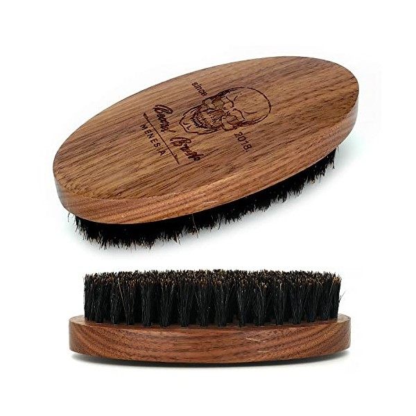 Menesia Brosse à barbe en poils de sanglier pour homme, petite brosse à barbe douce en bois de noyer noir, brosse à moustache