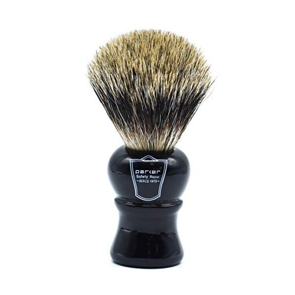 Parker Safety Razor "Long Loft" 100% Blaireau Pur Brosse à raser avec poignée en ébène et Free Stand Noir