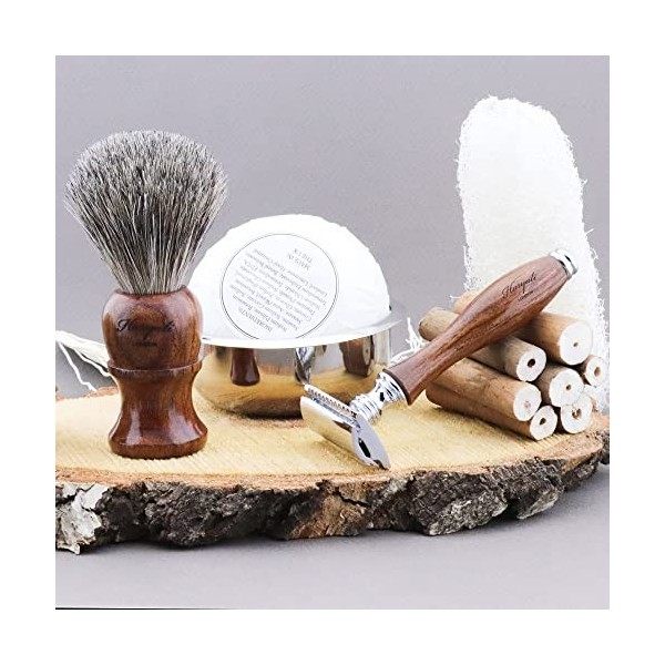 4 Pièces en Bois Ensemble de Rasage pour HOMMES Noir Blaireau Brosse Cheveux, Rasoir Sécurité, Acier Inoxydable Bol