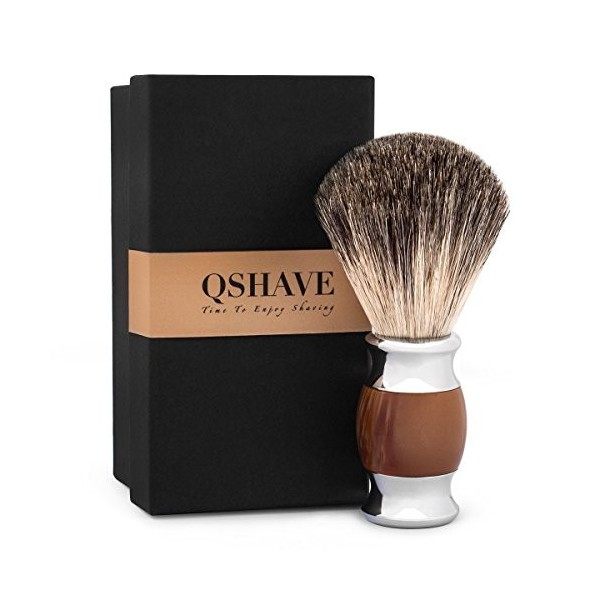 QSHAVE Brosse Blaireau de Rasage 100% Poils de Blaireaus Véritable et Purs Fait à Main avec Manche en Résine Plastique. Le ch