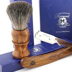 4 Pcs en Bois Ensemble de Rasage avec Coupe Droite Gorge/Rasoir Rasoir, Noir Blaireau Êtes Similaire Cheveux Synthétiques Pin
