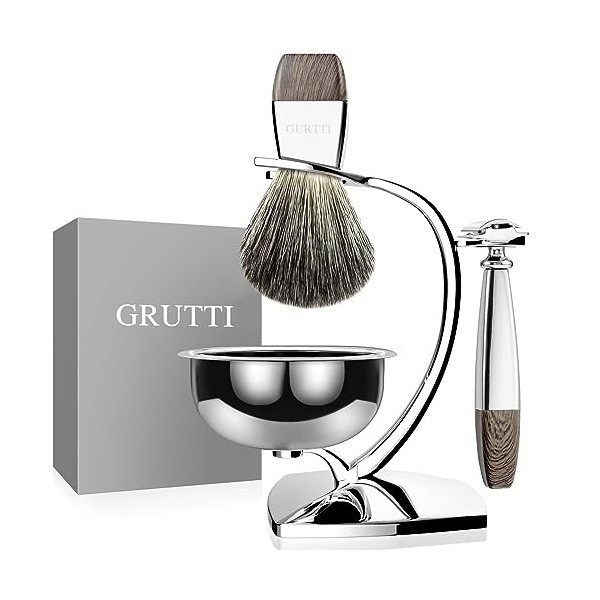 Ensemble de rasage GRUTTI, rasoir de luxe chromé et support de brosse avec bol de savon et brosse de rasage pour cheveux de b