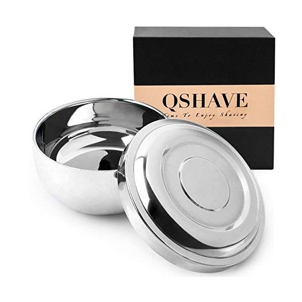 QSHAVE Bol de mousse Rasage à Savon en Acier Inoxydable avec Couvercle , Bowl Tasse de Rasage , 4 Pouces Diamètre , Taille Pr