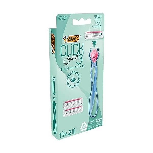 BIC Click 3 Soleil Sensitive Rasoirs Rechargeables pour Femme Tête Pivotante et 3 Lames Mobiles - Boîte de 1 Manche + 2 Rec