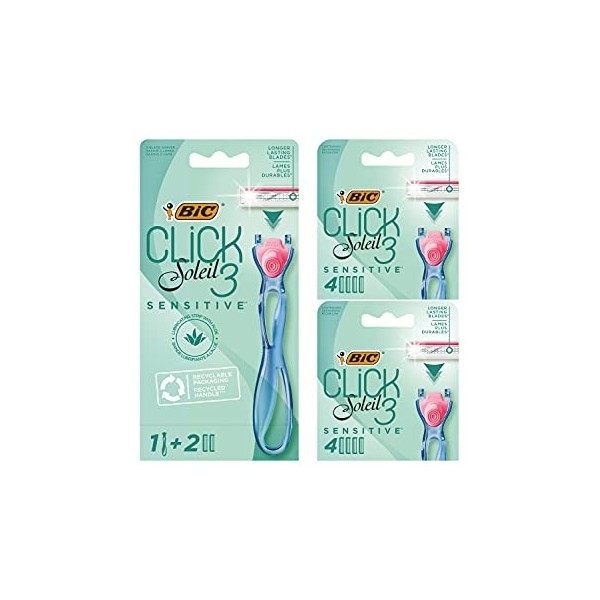 BIC Click 3 Soleil Sensitive Rasoirs Rechargeables pour Femme Tête Pivotante et 3 Lames Mobiles - Boîte de 1 Manche + 2 Rec