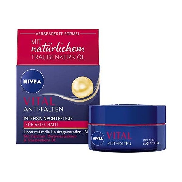 NIVEA Vital Soin de nuit intense 50 ml , hydratant riche avec calcium, extraits de perles et huile de pépins de raisin natur ...