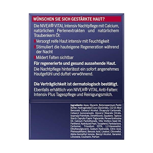 NIVEA Vital Soin de nuit intense 50 ml , hydratant riche avec calcium, extraits de perles et huile de pépins de raisin natur ...