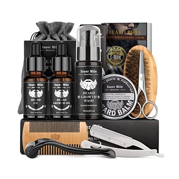 Kit Soins Barbe pour Hommes, Meilleurs pour Papa Lui Mari Petit ami, Set Outils Complet de Toilettage et Coupe – Shampoing Ba