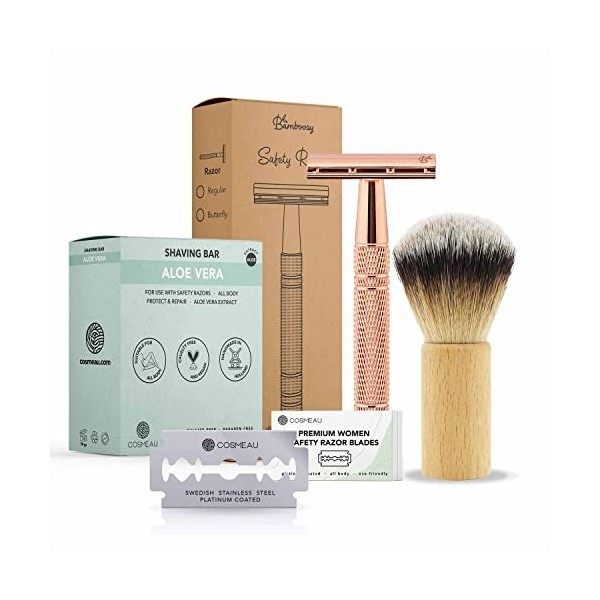 Bamboozy Rasoir de Sureté Kit de Démarrage - Set de Rasage avec 20 Lames, Savon de Rasage et Blaireau de Rasage - Aluminium -