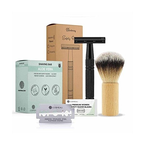 Bamboozy Rasoir de Sureté Kit de Démarrage - Set de Rasage avec 20 Lames, Savon de Rasage et Blaireau de Rasage - Aluminium -