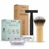 Bamboozy Rasoir de Sureté Kit de Démarrage - Set de Rasage avec 20 Lames, Savon de Rasage et Blaireau de Rasage - Aluminium -