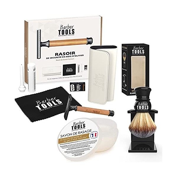 Kit de rasage - Rasoir de Sécurité/Rasoir de Sûreté + 5 doubles lames + Blaireau de rasage + savon de rasage 150ml + Pierre d