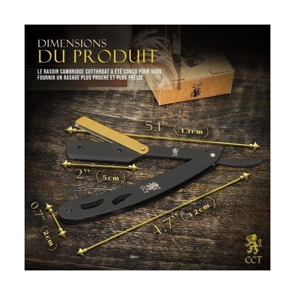 The Cambridge Cut Throat™ Rasoir Droit de Barbier Coupe Choux Manuel en Acier Inoxydable avec 10 Lames de Derby – Kit avec po