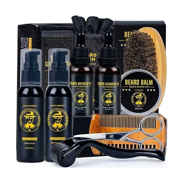 Kit de barbe, Kit Barbe Homme Complet, kit de croissance de barbe avec rouleau à barbe, lot de 2 huiles de croissance de barb