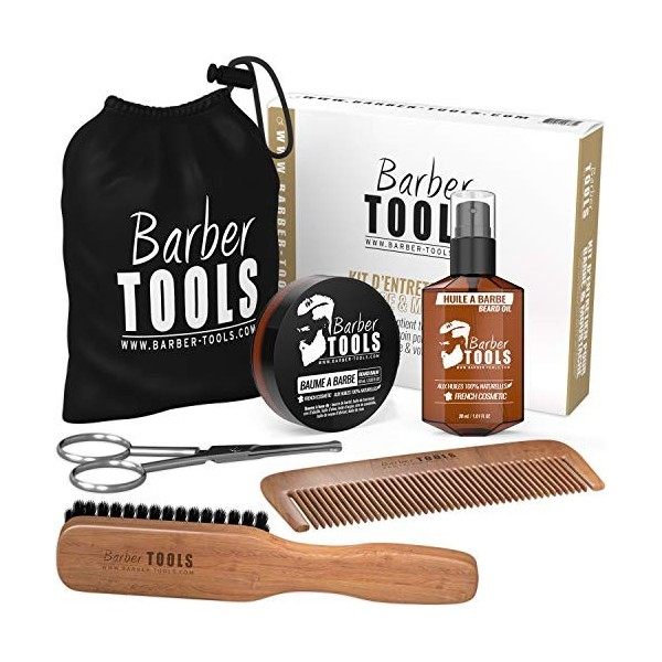 Coffret: Brosse + peigne + ciseaux + huile + baume + sac / kit barbe / BARBER TOOLS