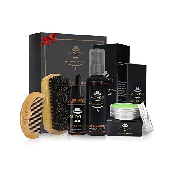 Kit de Soins de Barbe, Huile à Barbe Kit 5 PCs - Shampoing à La Barbe, Huile De Barbe Bio, Baume à La Moustache, Brosse à Bar