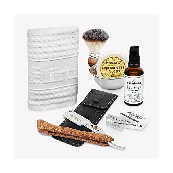 Premium Kit de rasage homme - y compris rasoir barbier, étui, blaireau, un savon, bol, huile de rasage et serviette - un set 
