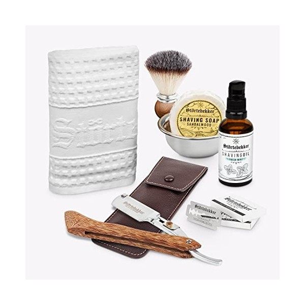 Premium Kit de rasage homme - y compris rasoir barbier, étui, blaireau, un savon, bol, huile de rasage et serviette - un set 