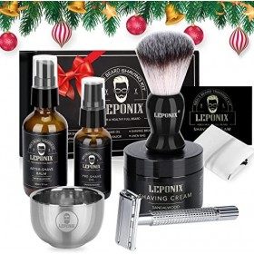 Kit Rasage Homme, Y compris Rasoir De Sureté Homme,Pâte à raser de santal,Latex de fin de semaine,Huile avant rasage,Brosse à
