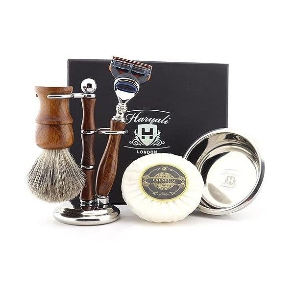 Kit De Rasage Haryali London - Kit De Rasage En Bois 5 Pièces - Lame De Rasage À 5 Bords - Blaireau À Cheveux Synthétiques - 