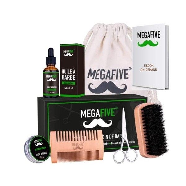 MEGAFIVE® Kit barbe pour soin et entretien [ CADEAU Parfait ] composé de Huile de Barbe,Baume de Barbe,Brosse à Barbe,Ciseaux