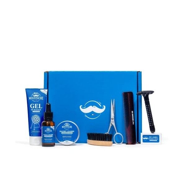 Kit pour Barbe 100% Française de Big Moustache - Coffret Cadeau pour Homme - Rasoir de sûreté, Huile à barbe, Baume à barbe, 