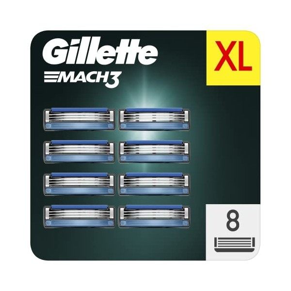 Gillette Mach3 Recharges De Lames De Rasoir Pour Homme, À 3 Lames, 8 Recharges De Lames, Lames Plus Résistantes Que L’Acier