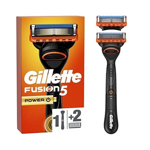 Gillette Fusion5 Power Rasoir Pour Homme, 1 Manche De Rasoir, 2 Recharges De Lames, Avec Cinq Lames Anti-Friction Pour Un Ras