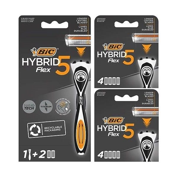 BIC Razors Hybrid 5 Flex Rasoir Rechargeable Homme, Manche Lesté, 10 Recharges 5 Lames Nanotechnologie de Précision, Noir - P