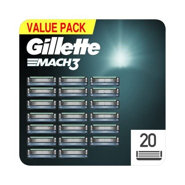 Gillette Mach3 Recharges de Lames de Rasoir pour Homme 20 Unités, conçues en acier pour une coupe précise et jusqu’à 15 rasag