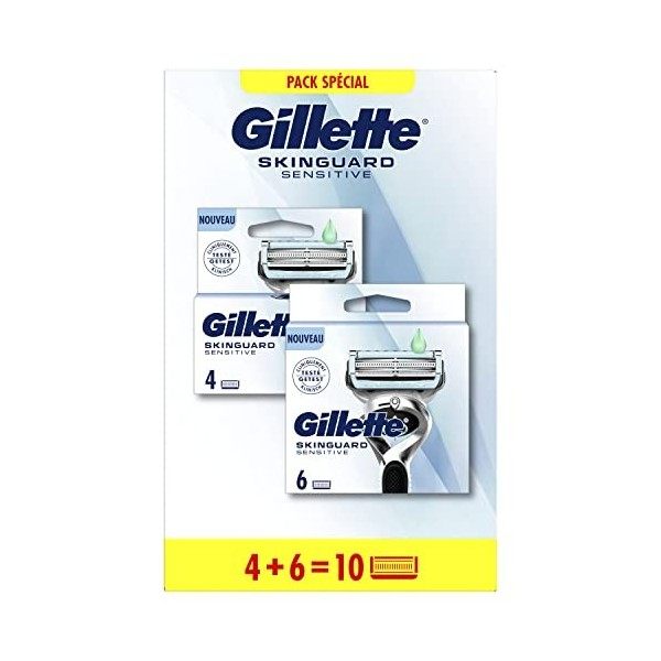 Gillette SkinGuard Peau Sensible Recharge De Lames De Rasoir Homme, 10 Recharge De Lames, Pack 6 + 4 Lames, Rasage Confortabl