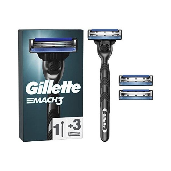 Gillette Mach3 Rasoir Pour Homme, Rasoir À 3 Lames, 1 Manche, 3 Recharges De Lames, Avec Manche En Acier Inoxydable