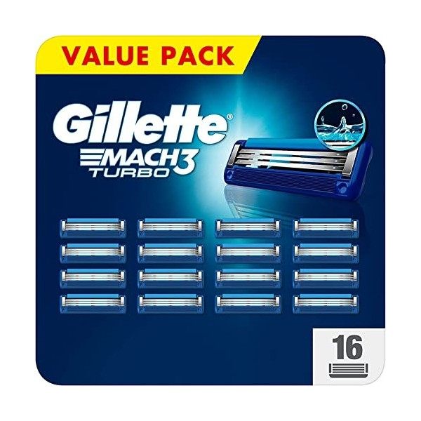 Gillette Mach3 Turbo Recharges De Lames De Rasoir Pour Homme, À 3 Lames , 16 Recharges De Lames, Lames Plus Résistantes Que L