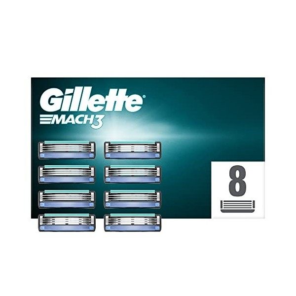 Gillette Mach3 Recharges de Lames de Rasoir pour Homme 8 Unités, conçues en acier pour une coupe précise et jusqu’à 15 rasage