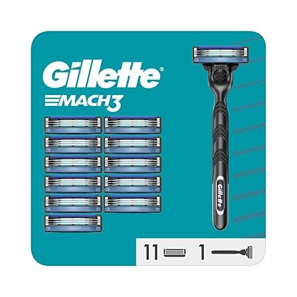 Gillette Mach3 Rasoir Pour Homme, Rasoir À 3 Lames, 1 Rasoir Gillette, 12 Recharges De Lames, Avec Manche En Acier Inoxydable