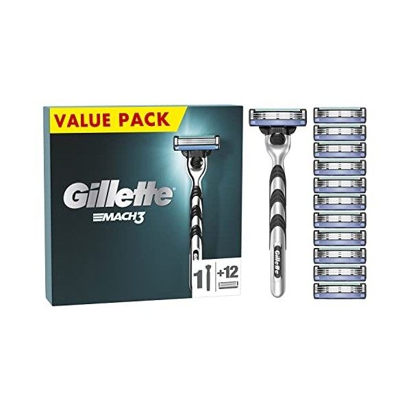 Gillette Mach3 Rasoir Pour Homme, Rasoir À 3 Lames, 1 Rasoir Gillette, 12 Recharges De Lames, Avec Manche En Acier Inoxydable