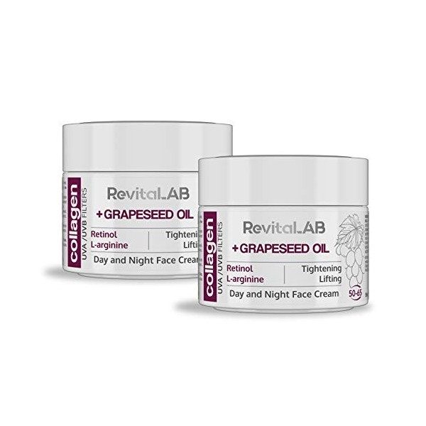 RevitaLAB - Crème de jour et de nuit au collagène hydratante et anti-âge, enrichie en acide hyaluronique, L-arginine, rétinol...