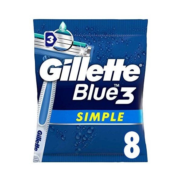 Gillette Blue 3 Simple Rasoirs Jetables Pour Homme, 3 Lames, Tête Fixe, Lubrastrip x8