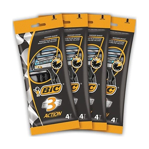 BIC 3 Action Rasoirs Jetables pour Homme, 3 lames pour Un Rasage Rapide et Efficace, Noir, Lot de 4 Pochettes de 4 Rasoirs