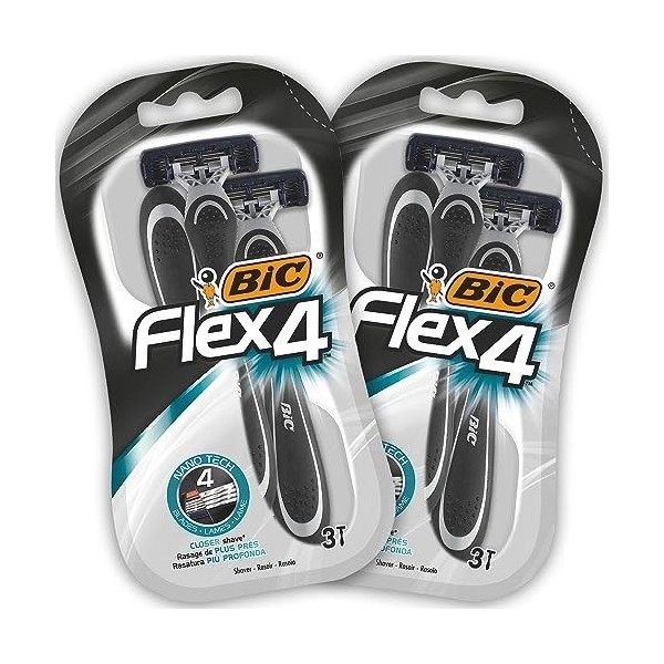 BIC Flex 4 Rasoirs Jetables pour Homme avec bande lubrifiante Tête Pivotante / 4 Lames - Lot de 2 Blisters de 3