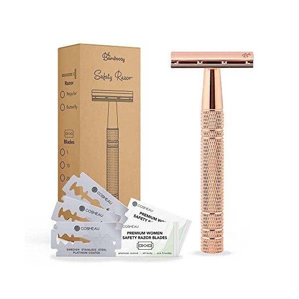 Bamboozy Rasoir de Sureté avec 20 Lames Premium pour Femmes - Rasoir Manuel - Aluminium - Lames Doubles - Sans Plastique - Zé