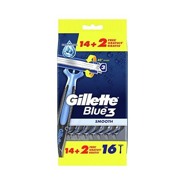 Gillette Blue3 Smooth Rasoir Jetables, 16 Rasoirs, La Bande Lubrastrip, [OFFICIEL]