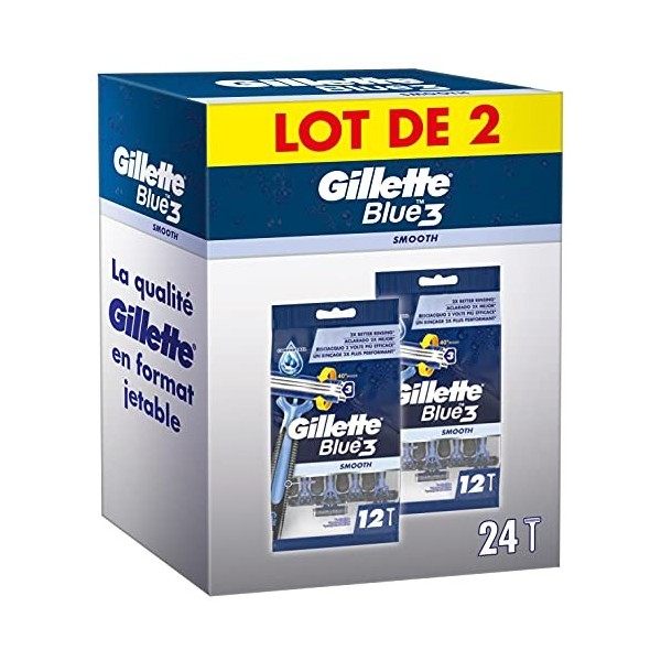 Gillette Blue 3 Smooth Rasoirs Jetables Homme Bande Lubrastrip Comfortgel, Lot de 24 2 x 12 avec Tête Pivotante À 40° [OFFI