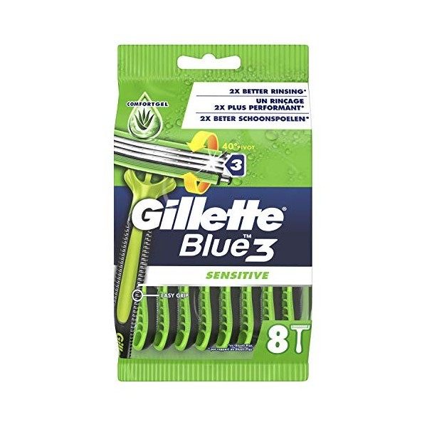 Gillette Blue3 Sensitive Rasoirs Jetables Homme, Pack de 8 Rasoirs [OFFICIEL]