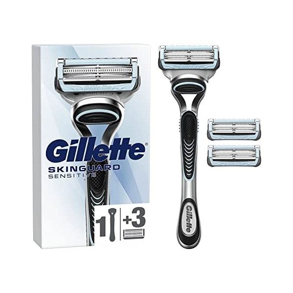 Gillette SkinGuard Peau Sensible Rasoir Pour Homme Avec Peau Sujette Aux Irritations, 1 Manche, 3 Recharge De Lames