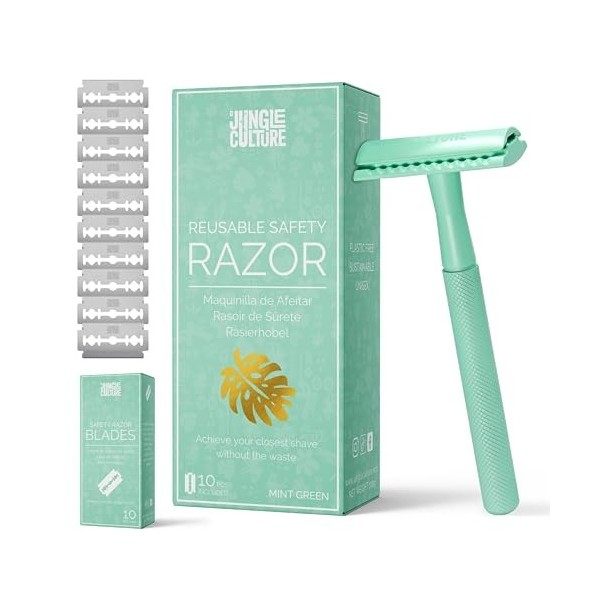 Jungle Culture® Rasoir de Sécurité Femme avec 10 Lames • Rasoir de Surete en Métal Compatible Toutes Lames Doubles • Rasage M