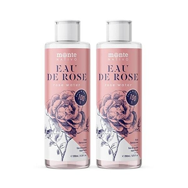 100% Pure Eau de Rose MonteNativo - 2x200ml - 100% Naturel, Lotion Tonifiante pour le visage, Hydrolat naturel de rose, Tripl