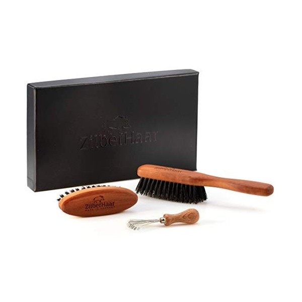 ZilberHaar - Kit Entretien Barbe - 1 Brosse à Barbe + 1 Brosse de Poche + 1 Outil de Nettoyage - 100% Poils Véritable de Sang