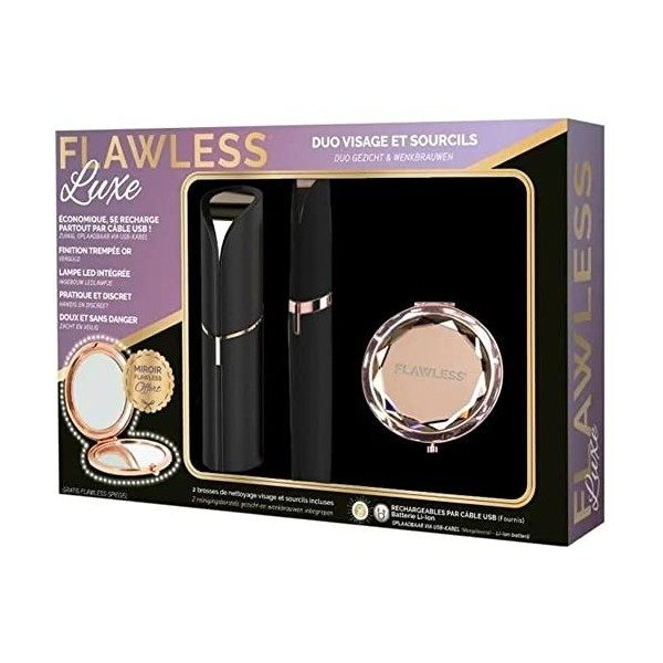 FLAWLESS - Coffret Epilateurs - Epilateurs Visage + Sourcils + Brosse de Nettoyage + Miroir Offert - USB Rechargeable